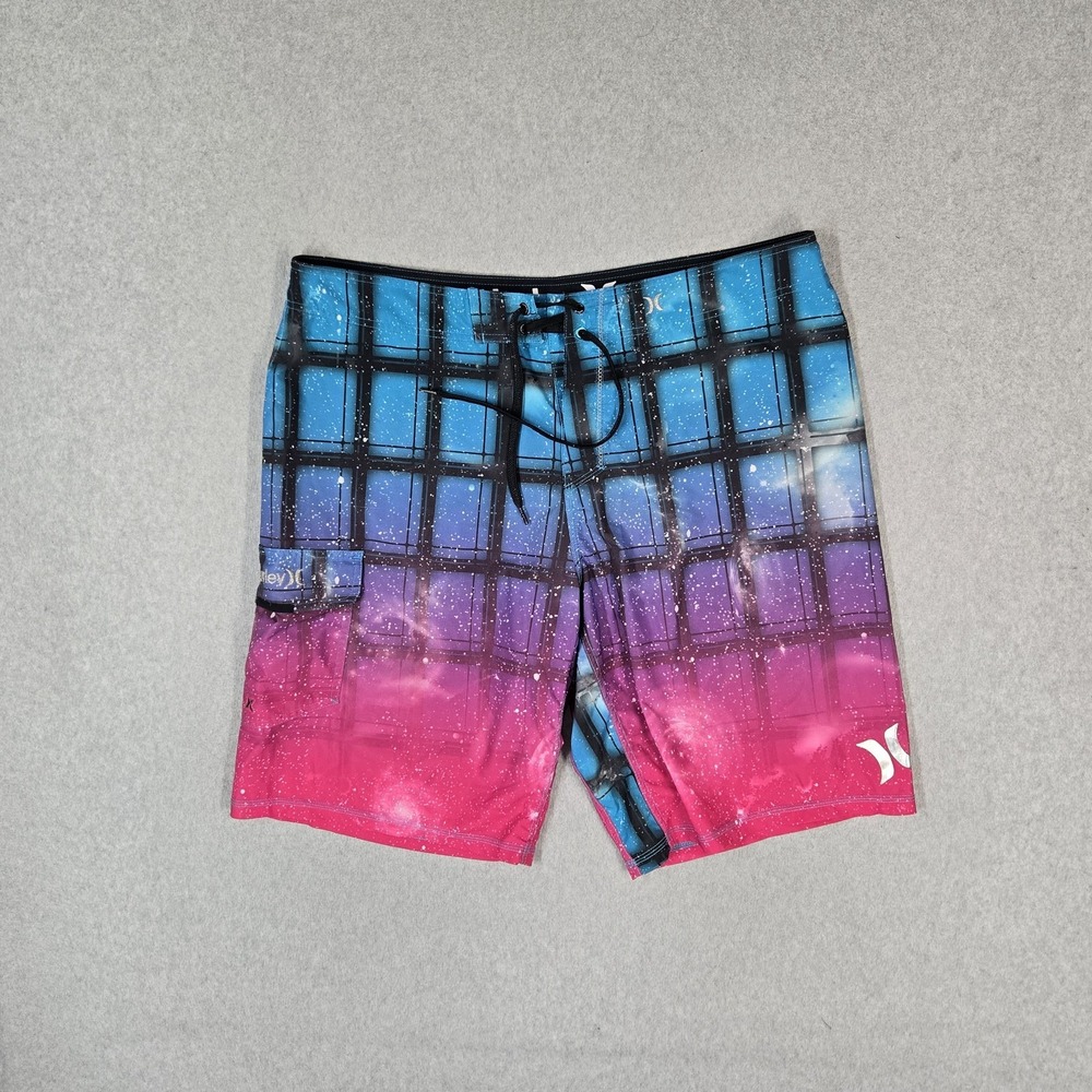 Hurley Men Swimwear 40 Blue Plaid Ombre Phantom Board Shorts Cargo 11" Inseam